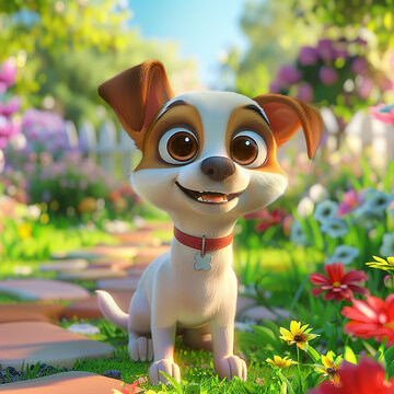 3d rendered photos of dog,big sparkling eyes, in colorful garden, for notebook cover made with generative AI