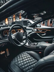 The rich texture of black leather seats inside a luxury car is highlighted by intricate patterns and elegant contours. The overall design speaks to comfort and high-end craftsmanship.