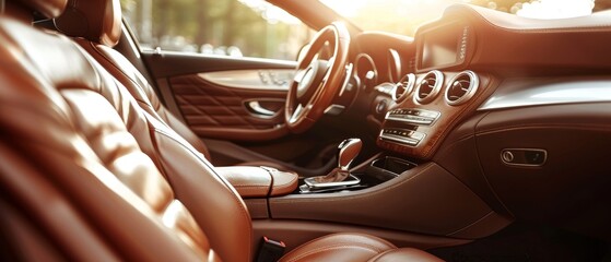 A luxurious car interior bathed in the golden glow of sunset. The rich brown leather and intricate seat design evoke a sense of warmth and refinement.