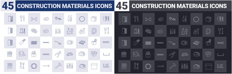 Vector Set of 45 outline construction materials icons: fencing, mesh, wire, mounting wrench, self-tapping screws, mounting tapes, screwdriver, greenhouse. Thin icons for web design, mobile app.