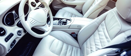 Elegant vehicle interior featuring a luxurious white leather steering wheel and dashboard. The high-quality materials and sophisticated design reflect a premium driving experience.
