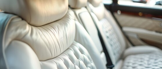 The image highlights the sumptuous texture and plush feel of a cream leather car seat, with a focus on the comfort and luxury it provides. The warm sunlight enhances the rich material's allure.
