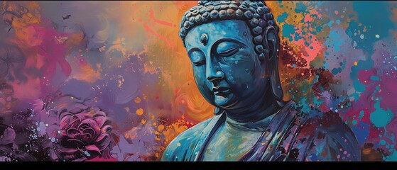 Blue Buddha statue on colorful background.  - obrazy, fototapety, plakaty