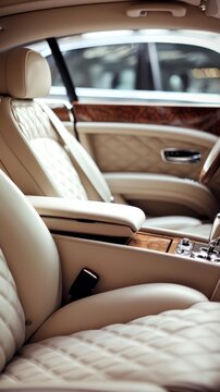 A luxurious backseat area is highlighted in this image, featuring cream leather upholstery with quilted design, offering supreme comfort and elegance in car design.