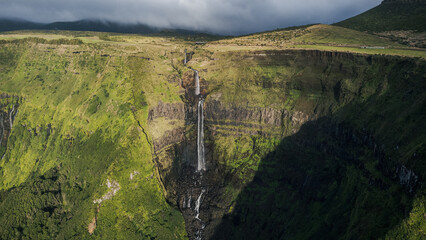 Azores landscape with waterfalls and cliffs in Flores island. Portugal.