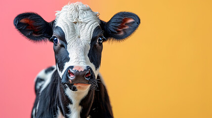 cow isolated on color background, gentle surprised look, pink nose, in front of a blue sky.