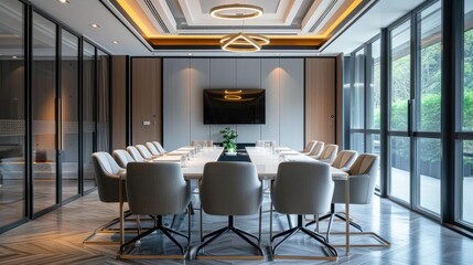 A meeting room in a large space, surrounded by floor-to-ceiling glass doors, silver-grey, indoor light,