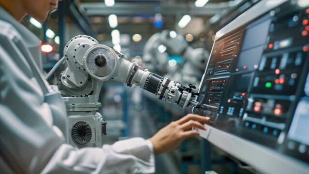 Modern factory. Industry 4.0. The project engineer talks to a female worker controlling a production line in a factory. It uses a computer with an AI display, an assembly process that is improved with