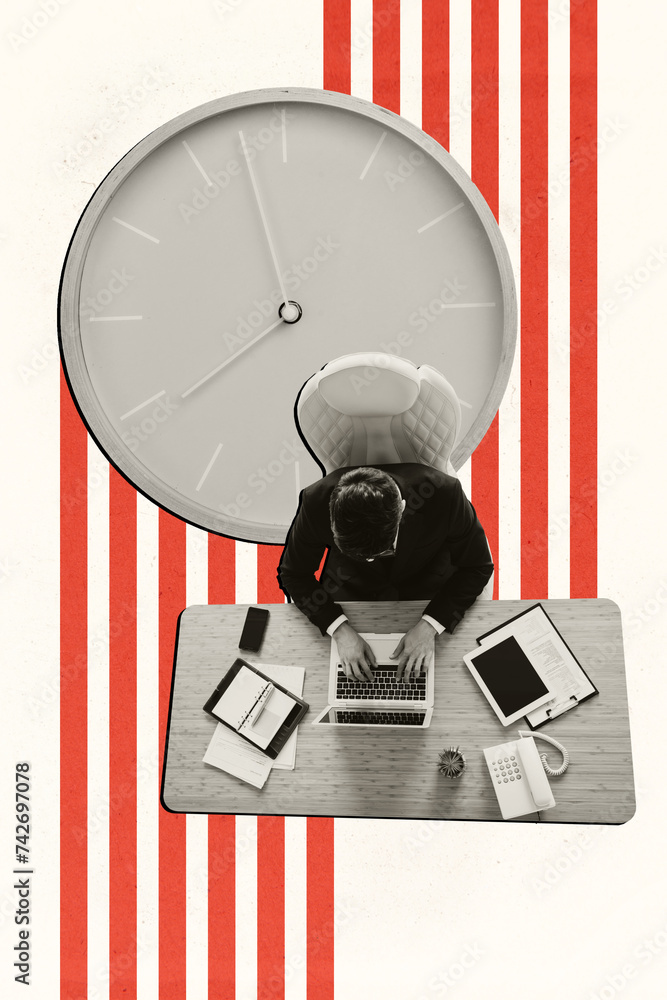 Poster collage artwork picture of top view worker typing modern device sitting office isolated graphical ba