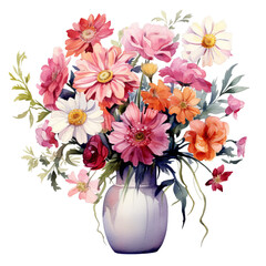 Vase of flowers watercolor clipart illustration on transparent background