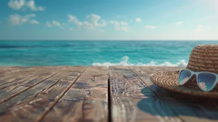  A tranquil scene with a plain wooden surface in the bottom half, decorated with sunglasses and a hat on the right. The background is a blur of the turquoise sea. © Saowanee