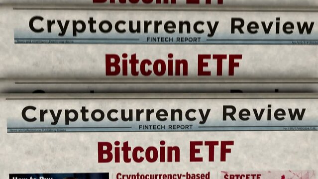 Spot Bitcoin ETF BTCETF crypto currency investment vintage news and newspaper printing. Abstract concept retro headlines 3d.