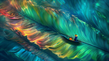 Boatman floating inside a multicolored sheet, abstract. - obrazy, fototapety, plakaty