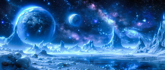 Fantasy depiction of a distant planet in space, exploring the universes mysteries through science and art