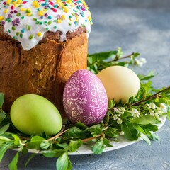 Easter egg panettone bread cake background Happy easter spring holiday tulip