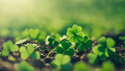 Green background with three-leaved shamrocks, Lucky Irish Four Leaf Clover in the Field for St. Patrick - obrazy, fototapety, plakaty