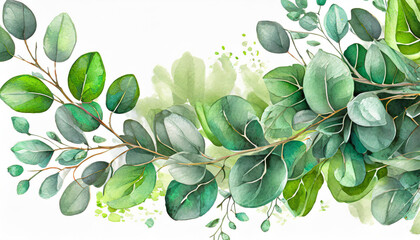 Watercolor green floral banner with silver dollar eucalyptus leaves and branches isolated on white background.