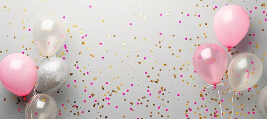 Pink balloons and sparkly confetti on a white background. Celebration