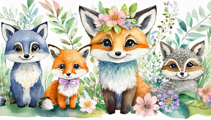 Watercolor set of forest cartoon isolated cute baby fox, deer, raccoon and owl animal with flowers. Nursery woodland illustration. Bohemian boho drawing for nursery poster, pattern