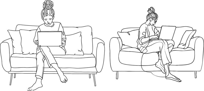 continuous line. Girl on sofa with laptop working