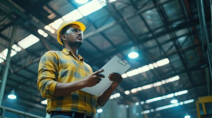 close up an young energetic professional bangladeshi factory worker inspecting factory light panels on the roof with a clip board in his hand, there factory is well light with bright light,