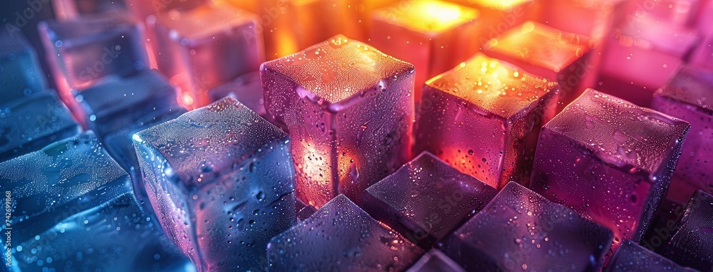 Poster a abstract violet neon tiled background with squares, in the style of cubo-futurism, delicate constr