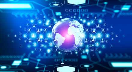 World business, People and Network connection concept. Global connection with connecting people orbit around the world. Code programming, Digital binary and World map background. 3D illustration.