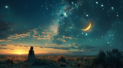 Fototapeta na wymiar The girl looks at the starry sky in the desert. 3d rendering