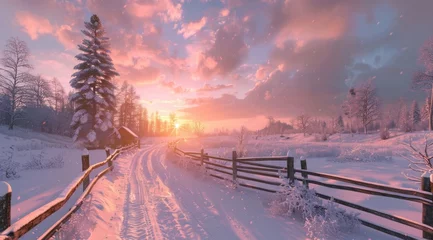  view of a snowy road with fences during a sunset on a cloudy day © DailyLifeImages