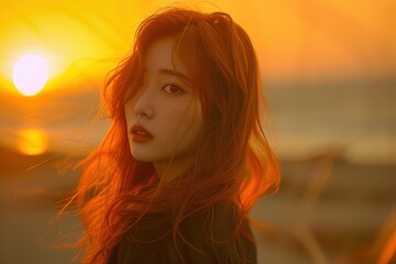 A full body photo of a Korean girl, captured in the golden hour light. Her face, framed by soft