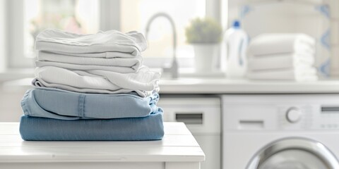 stack of fold clothes on white table with blur laundry room background copy space 