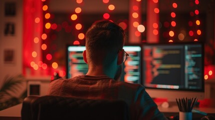 a man studying programming in a pleasantly dark room, he is facing his computer screen displaying programming codes
