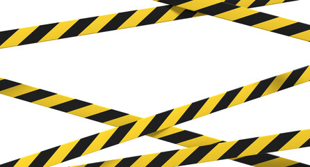 Warning tape and police line. Black and yellow line striped. Warning danger tape. Restriction tapes 3d rendering
