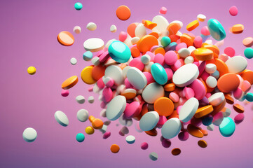 Fototapeta na wymiar Colorful Pills and Tablets Scattered in Mid-Air on Pastel Background