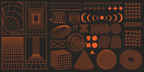 Rave psychedelic retro futuristic set. Surreal geometric shapes, abstract backgrounds and patterns, wireframe, cyberpunk elements and perspective grids. Vector elements and signs in trendy psychedelic - obrazy, fototapety, plakaty