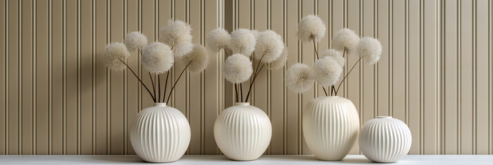 Elegant Vase with Delicate Dried Flowers: Modern Home Decor Featuring Soft Pink Flora on a Wooden Table