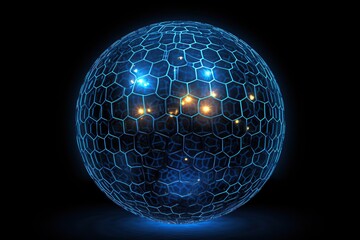 Abstract Blue Hexagonal Network Sphere on Black. 