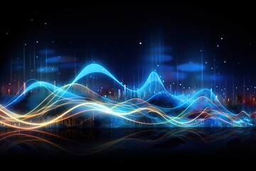 Fototapeta premium Abstract Light Waves with Cityscape Silhouette Background. 