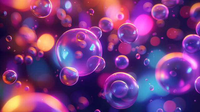 Glow ball shapes neon bright color 3D fluid bubbles abstract wallpaper background.