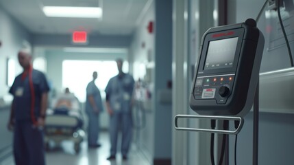 A photo of a sleek, modern defibrillator by an electrical company, prominently displayed in a well-lit emergency room. - obrazy, fototapety, plakaty