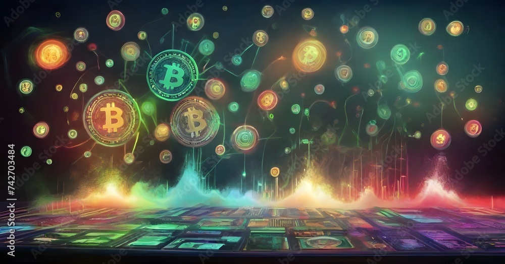 Poster a collection of bitcoins are displayed floating in the air on a vibrant background, creating an arti