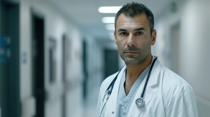 A photograph of a confident male doctor wearing a white coat and stethoscope, standing in a modern hospital corridor.