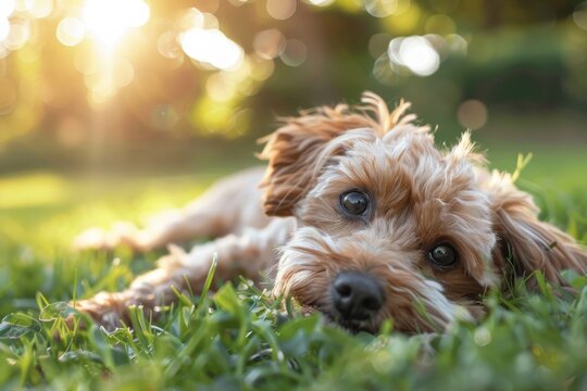 A playful pup basks in the warm sun, surrounded by lush green grass as its curious mix of terrier, poodle, and labrador ancestry shines through its fluffy brown coat
