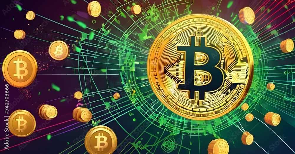Poster a collection of bitcoins are displayed floating in the air on a vibrant background, creating an arti