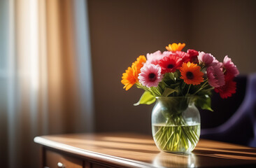 A cute bouquet of bright flowers stands in a glass vase on the chest of drawers in the sunlight.