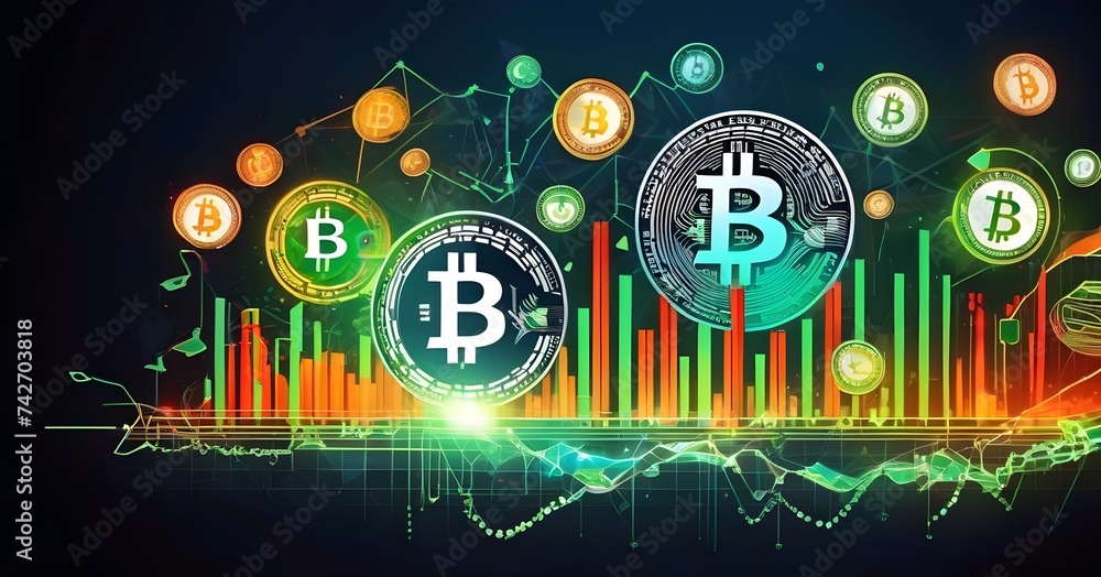 Fototapete a collection of bitcoins are displayed floating in the air on a vibrant background, creating an arti
