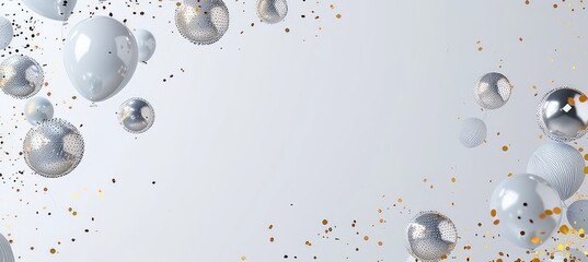 Silver balloons and sparkly confetti on a white background. Celebration