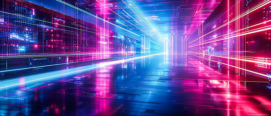 Obraz premium Futuristic Neon Dreams: Illuminated Blue Stage in an Abstract, Modern Setting