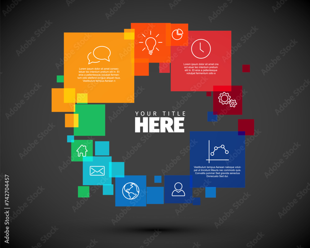 Poster vector circle cycle diagram infographic template with various descriptive square blocks on dark back