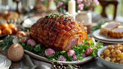 Baked ham glazed on table closeup, Easter holiday traditional menu